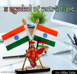 Durable plastic-plated Bharat Mata symbol stand, 3in. x 2in. Indian flag for car dashboard or office/study table decor