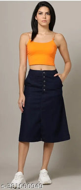 Navy Blue Buttoned A-Line Denim Long Skirt for Women, lightweight & breathable, trendy midi-calf skirt with adjustable waistband, available in sizes 26-46 (waist 26-46, length 25 inches, hip sizes vary)