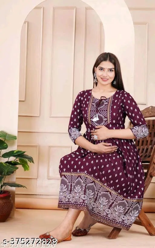 Purple cotton three-quarter sleeve printed maternity feeding kurta for women, high-quality Indian anarkali dress with rayon fabric