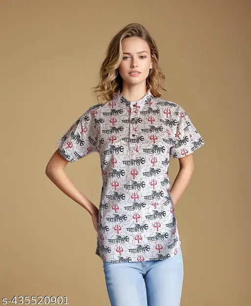 Cotton mahakal print short kurta for women and girls, Indian fashion wear with short sleeves