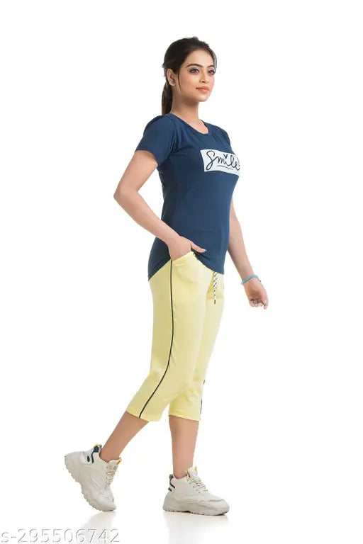 Women's cotton blended top & capri set, solid with slim fit and mid-rise, 100% cotton for daily wear or special occasions