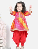 Stylish red bandhej & lace embellished cotton rayon kurta and dhoti set, printed anarkali with three-quarter sleeves, for girls aged 1-8 years from India