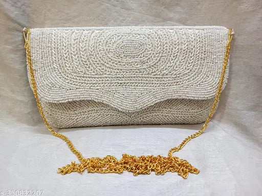 Embroidered beaded women's sling bag, free-size (9in x 6in), white gold with magnetic closure and intricate stitching, handmade from quality fabric, Indian craftsmanship