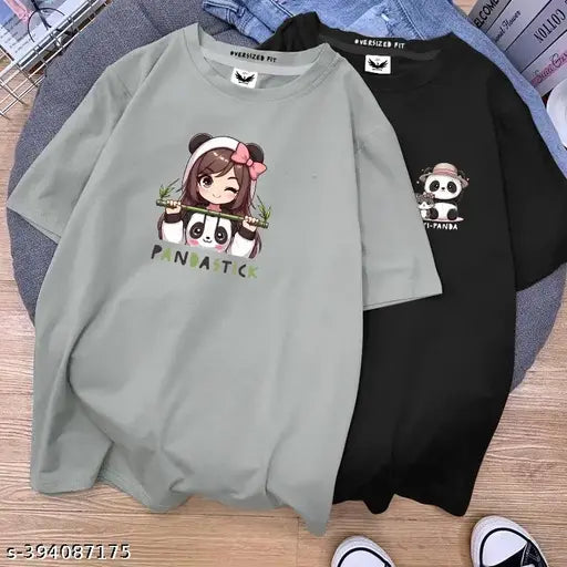 Cotton oversized Pandastick + Cati-Panda t-shirts for women, printed pattern, short sleeves
