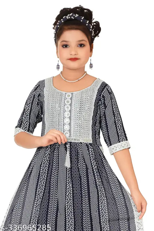 Trendy Girls Black Cotton Blend Palazzos Salwar Suite - Printed, knee-length top with three-quarter sleeves, no dupatta, for 5-8 year olds, Indian origin