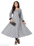 Denim check rayon long kurti in grey, popular for festive and party wear