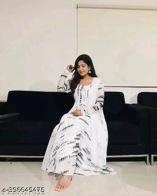 Georgette lehanga set with printed kurta and dupatta for women, Indian fashion wear on mannequin