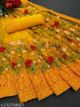 Indian net saree with embroidered blouse in dupion silk, free size, exclusive heavy handwork