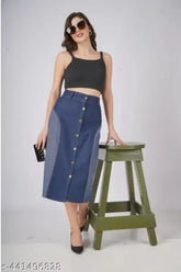 Colorblocked denim skirt in dark shades, size 28/30/32, made in India