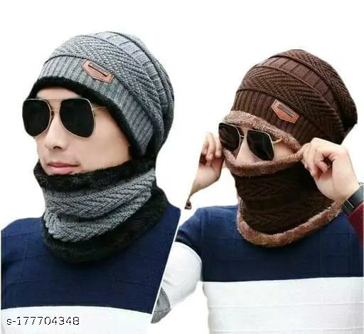 Woolen winter cap and neck muff combo pack (2 pairs), soft fur inside for warmth and style, trending for men, women, boys, girls. Made in India
