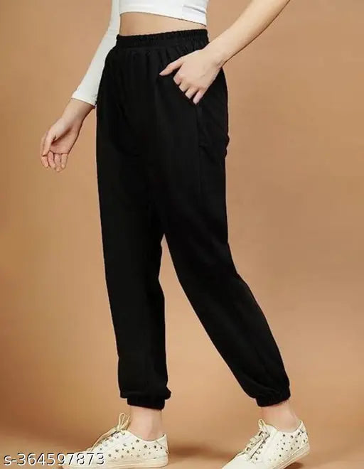 Black & lavender women's fleece jogger pant combo, stretchable wool fabric for winter sports or gym wear, deep side pockets, elastic waistband