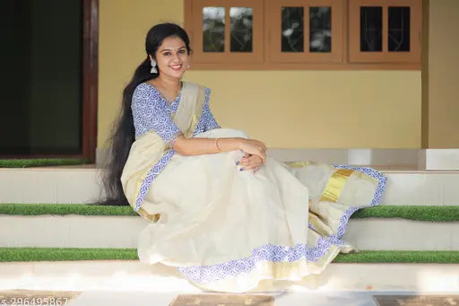 Keralan Kasavi Onam Special Edition Ajrakh Handwork Dhavani - Cotton choli, dupatta, and bottomwear with intricate aari work, semi-stitched (40in waist, 44in length). Indian traditional wear featuring solid dupatta and applique shawl