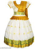 White cotton kids lehenga choli set with gold zari accents, traditional Kerala Pavada design for festive occasions