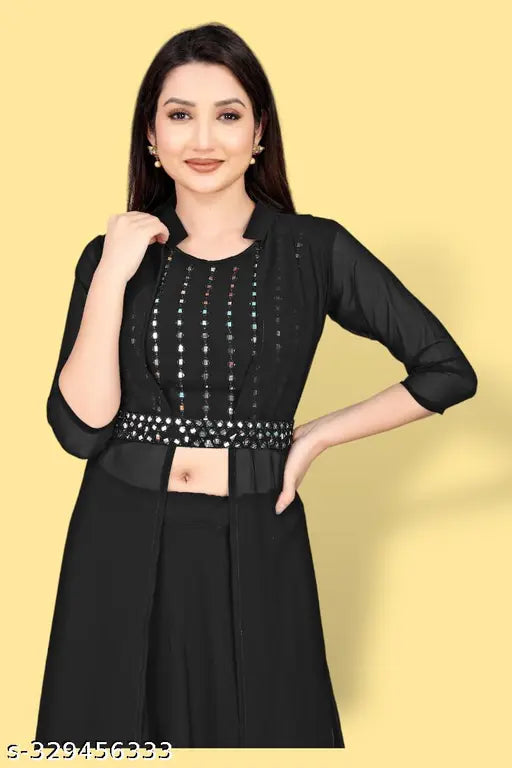 Georgette embroidered blouse with plazzo and shrug, ethnic motifs, three-quarter sleeves. Indian handcrafted garment on hanger
