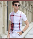 Cotton blend half sleeve printed polo neck T-shirt for men, available in black, green, maroon, navy blue - Indian made fashionable casual wear