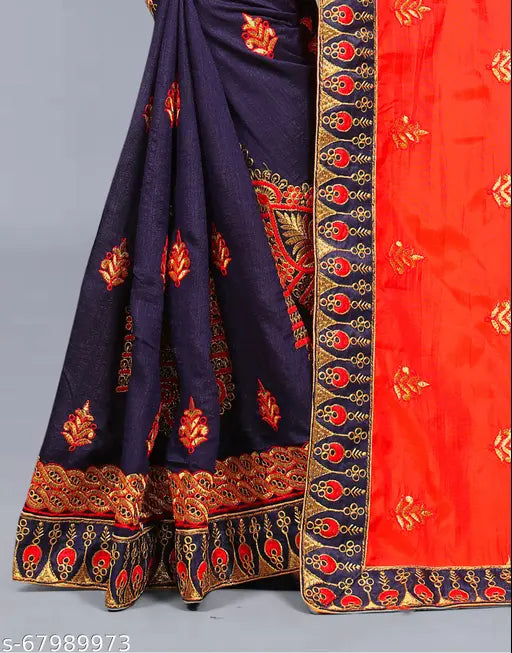 Vichitra Silk Half-Half Embroidered Saree with Laser Border - Indian-made, single piece, free size