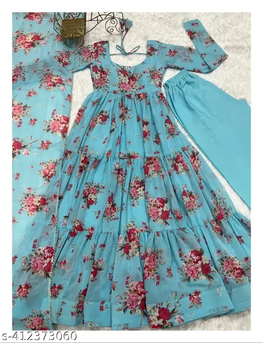 Georgette floral print anarkali dress set with dupatta and pent in soft fox color, cotton bottomwear, three-quarter sleeves