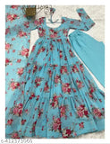 Georgette floral print anarkali dress set with dupatta and pent in soft fox color, cotton bottomwear, three-quarter sleeves