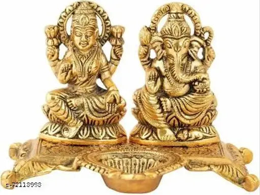 Brass Laxmi Ganesh with Diya Statue, golden finish, traditional puja chowki decor" (15cm)