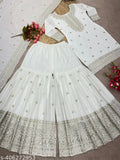 White Chinnon Silk Kurti Replica: Embroidered three-quarter sleeve top with dupatta and bottomwear, full stitched ready to wear. Pure Chinnon silk with heavy embroidery sequence work, lace border on dupatta. India origin