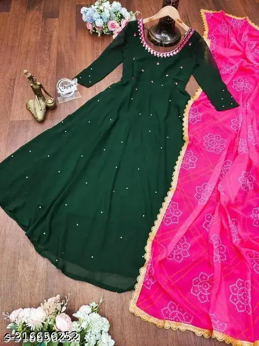 Embellished Georgette maxi dress with mirror work, digital print dupatta for casual dressing