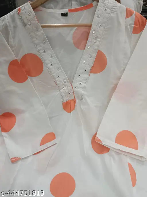 Stylish cotton polka print kurti pant set, three-quarter sleeves, embroidered Indian clothing for women