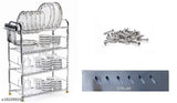 Stainless steel 4-shelf kitchen organizer, holds plates, bowls, cups, and utensils (24x18 inches)