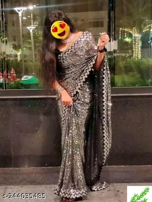 Georgette fancy saree, art silk running blouse with embellished pattern, single new size, free-size (5.5m saree, 0.8m blouse), Indian origin