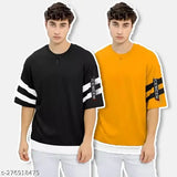 Casual cotton blend hip hop t-shirt for men, black and mustard, solid design with three-quarter sleeves. (Size S - XL, made in India)