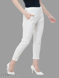 Women's white cotton blend trousers with lycra, solid-patterned pants for fashionable fit and comfort