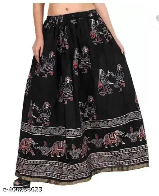 black rayon printed net dandiya skirt, vibrant and festive women's clothing in various sizes