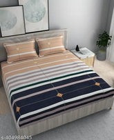 Microfiber striped fitted bedsheet, queen size (70 x 76), with 2 pillow covers, fits 8-10 inch mattress, ideal for summer, adult use. Made in India