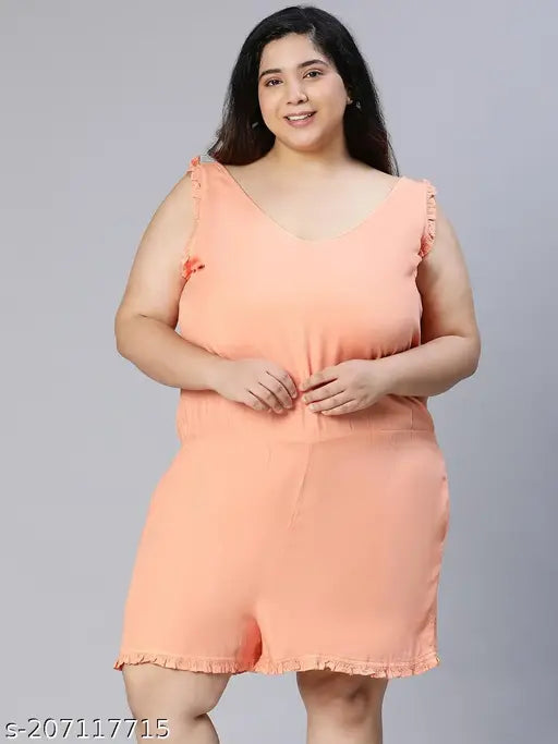 Coral viscose relaxed fit playsuit, v-neck, ruffles, elastic waist, sleeveless - women's plus size fashion, India origin