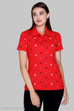 Red cotton blend women's polo t-shirt with printed design and short sleeves, from Pyro Spirit Brand