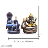Skyblue gold resin DopinBuddha Ganesh Combo incense holder showpiece statue with 51 backflow cones, Indian handicraft artifact