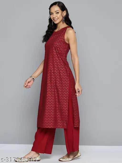 Red cotton kurta and palazzo ethnic set for women's festive party wear, sleeveless with zari woven net pattern