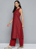 Red cotton kurta and palazzo ethnic set for women's festive party wear, sleeveless with zari woven net pattern