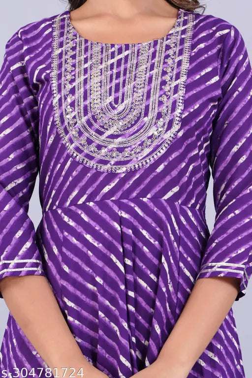 purple leheriya rayon gown, embroidered dress for wading sessions or parties, three-quarter sleeve design in various sizes from S to XXXL