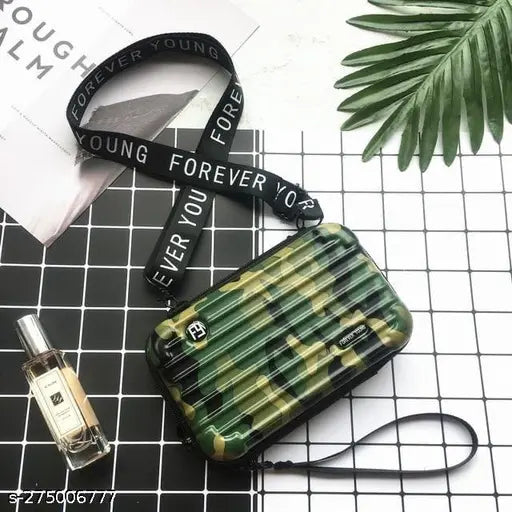 Army print acrylic designer mini sling bag, three compartments, color-blocked accessory for women, free size, made in India