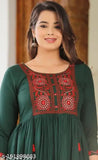Green Rayon Solid Embroidery Kurta by Cotton India - Three-Quarter Sleeve, Elegant Ethnic Wear for Women
