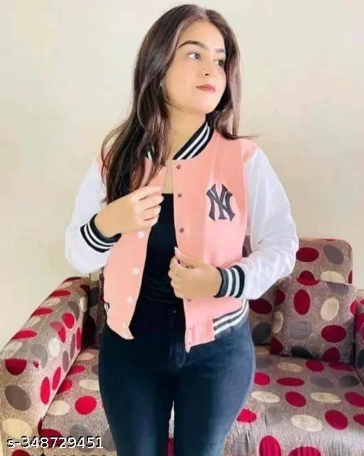 Peach solid long sleeve cotton NY jacket, premium quality women's bomber style with elastodiene fabric