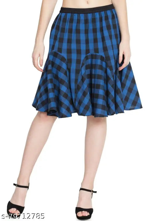 Blue cotton checkered short skirt for women, elastic closure, elegant summer style