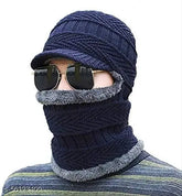 Attractive blue wool beanie cap with criss-cross knit design, suitable for men, super soft and cozy, perfect for winter activities and outdoor adventures