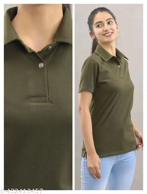 Stylish cotton collar t-shirt for women, solid design, short sleeves, M-XL sizes