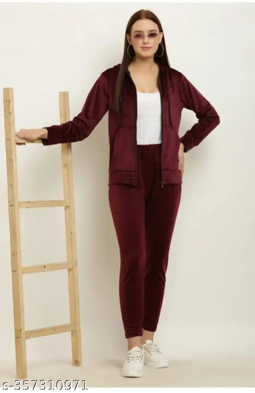 Velvet tracksuit set for women and girls, solid color activewear with long sleeves, trendy winter wear from India