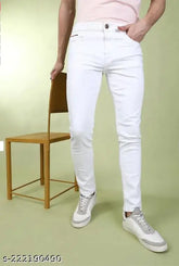 Monk white plain jeans, men's denim solid trousers for various occasions. Made by Shriradhe Enterprises, available in sizes 28, 30, and 32 (w-28/l-39/h-30, w-30/l-39/h-32, w-32/l-39/h-34) from India
