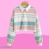 Korean multi-color striped long sleeve Lycra polo t-shirt in pastel pink, blue, and white