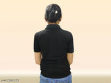 Black cotton blend polo t-shirt, short sleeves, versatile essential for women and girls