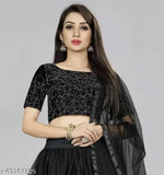 Black embroidered semi-stitched lehenga-choli set (Satin top, Net bottom & dupatta), featuring ruffle detailing and unstitched choli