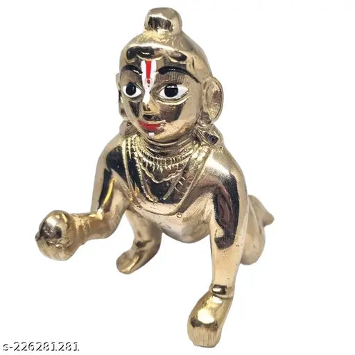 Brass Krishna Idol, Divine Bazaar's 5-inch Laddu Gopal Statue, antique brass Kanha ji murti